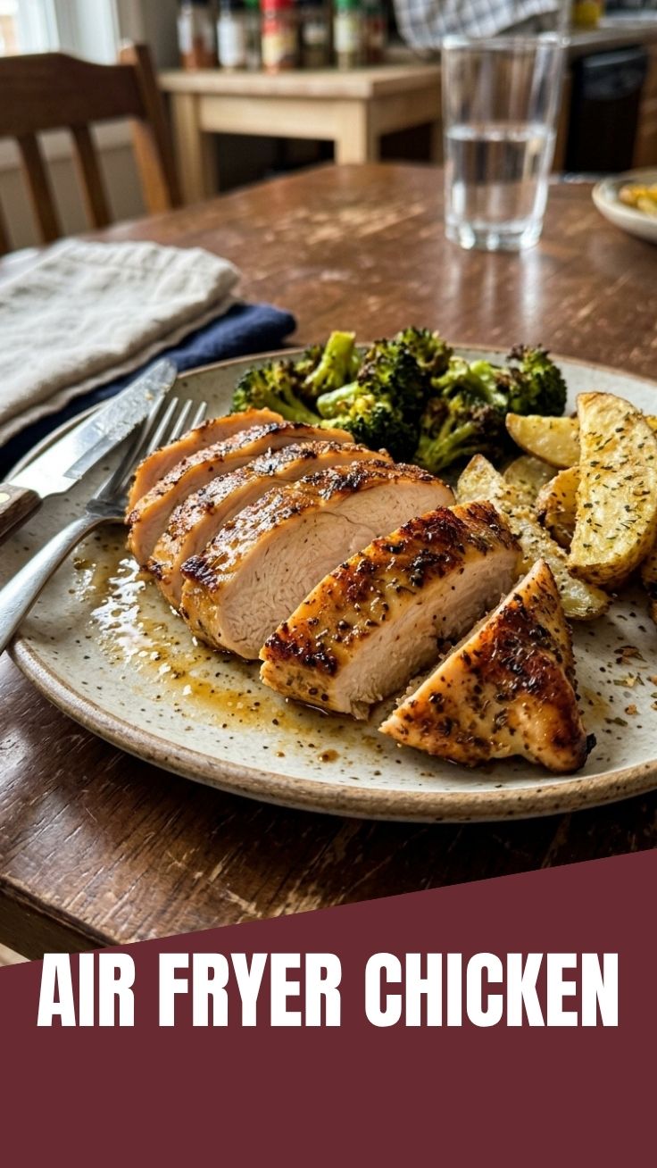 Perfectly cooked air fryer chicken breast with a golden crust