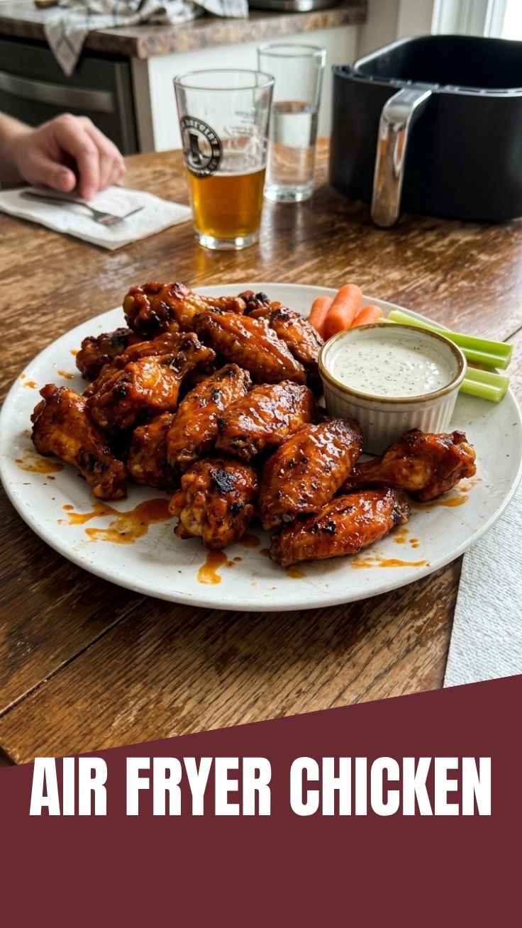 Crispy golden brown chicken wings cooked in an air fryer, presented on a platter.
