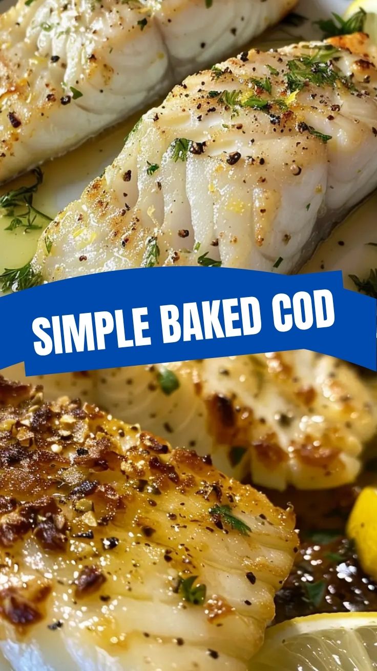 Freshly baked cod with lemon butter sauce on a white plate