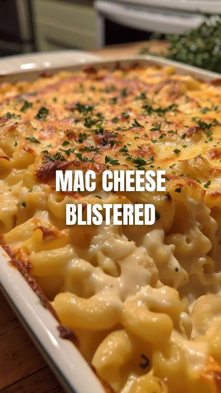 A golden-brown dish of baked mac and cheese, fresh from the oven.