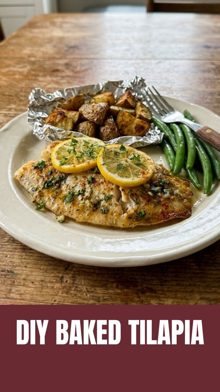 A flaky piece of baked tilapia seasoned with herbs, served on a white plate.