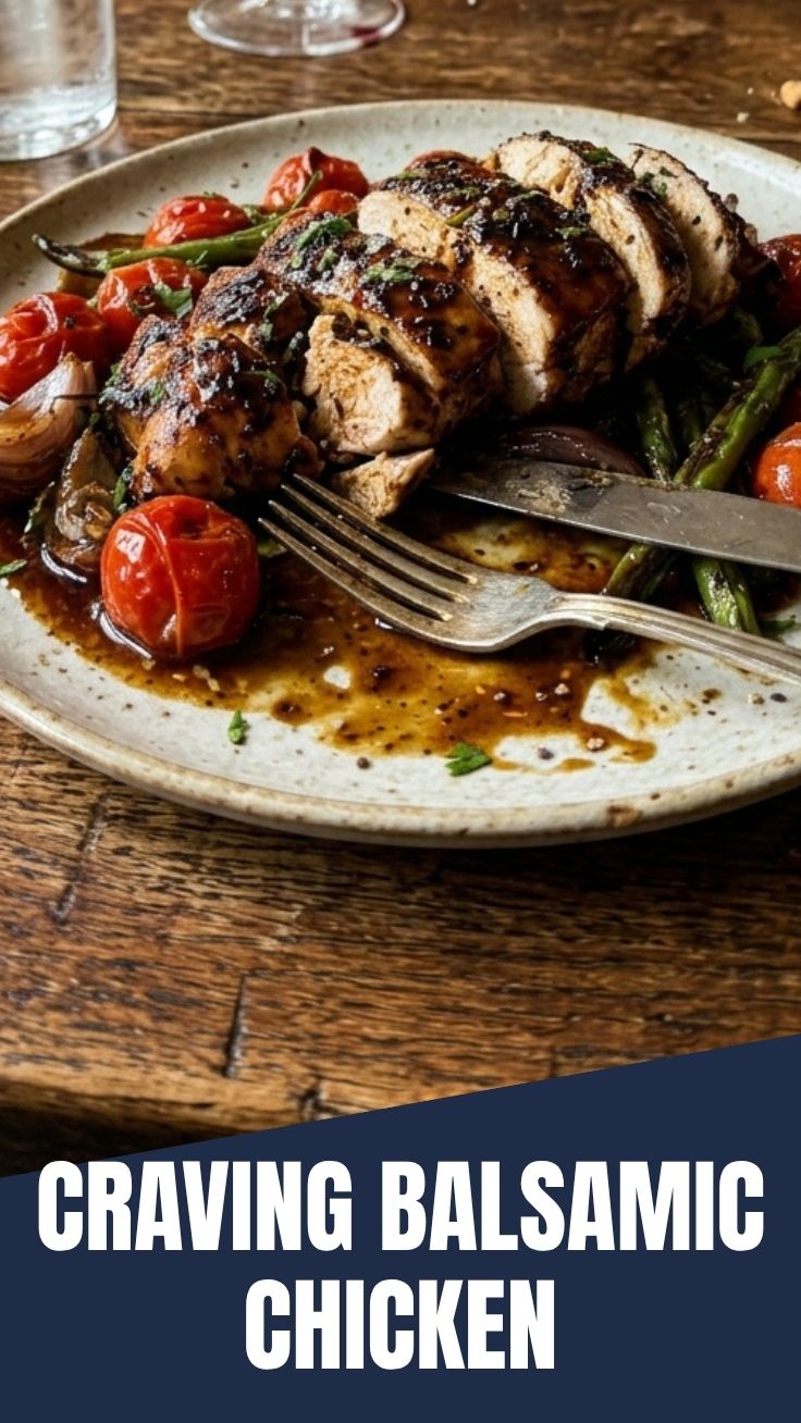 A close-up of tender balsamic chicken served with herbs.