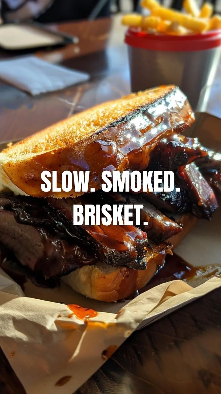 A deliciously messy BBQ brisket sandwich with tender meat and sauce.