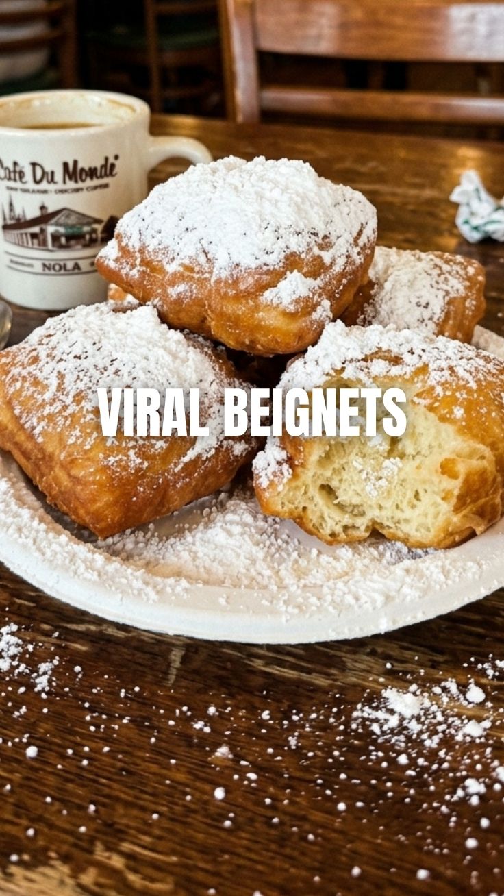 A plate of fresh Beignets (New Orleans Style) covered in powdered sugar.