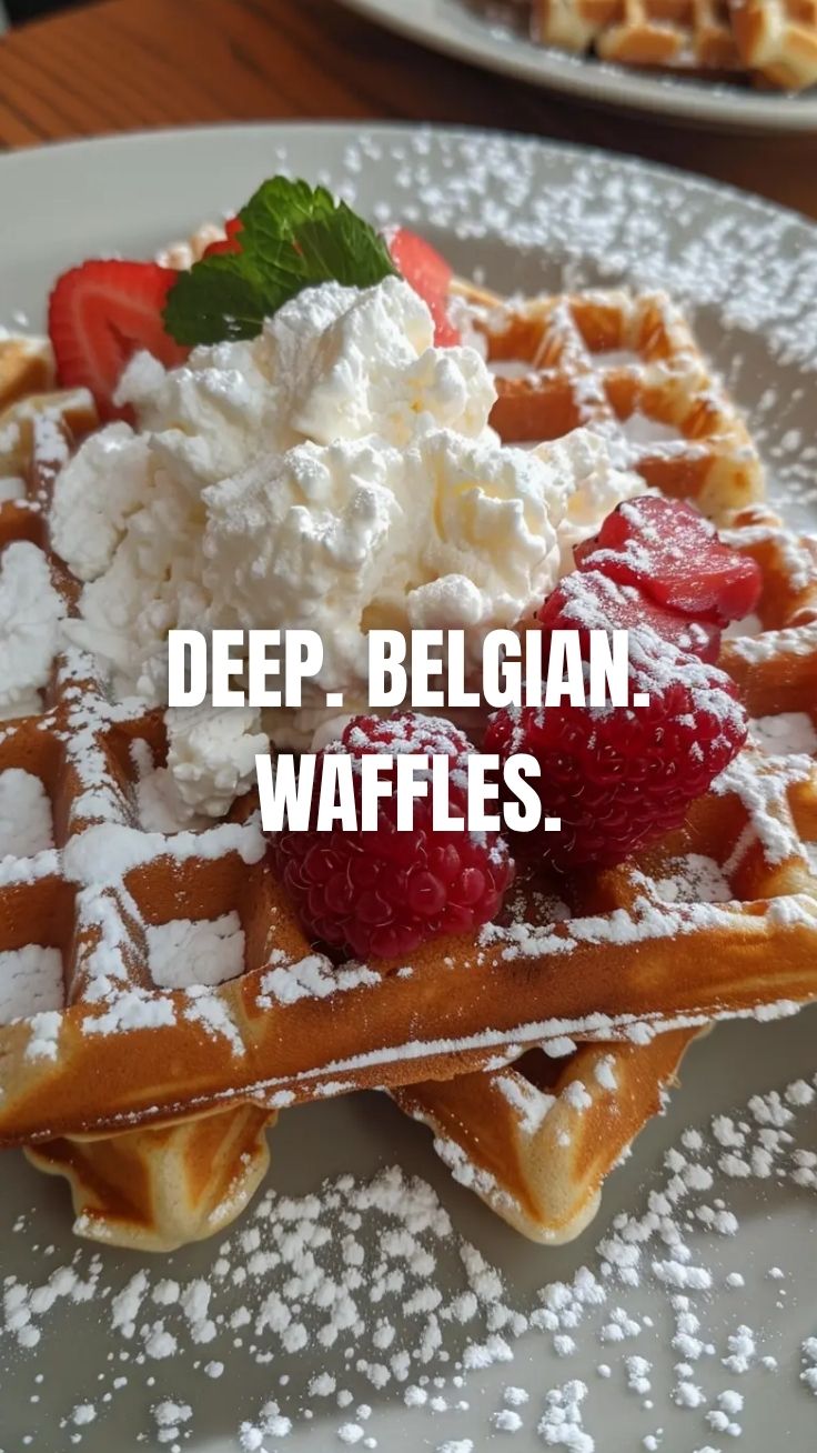 A stack of golden brown Belgian waffles on a white plate, ready to be topped.