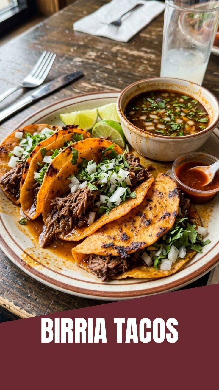 Close-up of three birria tacos with consome and cilantro