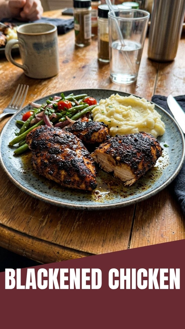 A serving of perfectly cooked blackened chicken with a dark, flavorful crust.