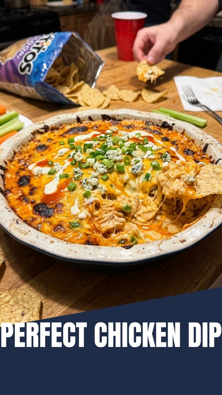 A creamy and spicy Buffalo Chicken Dip served in a ceramic bowl.