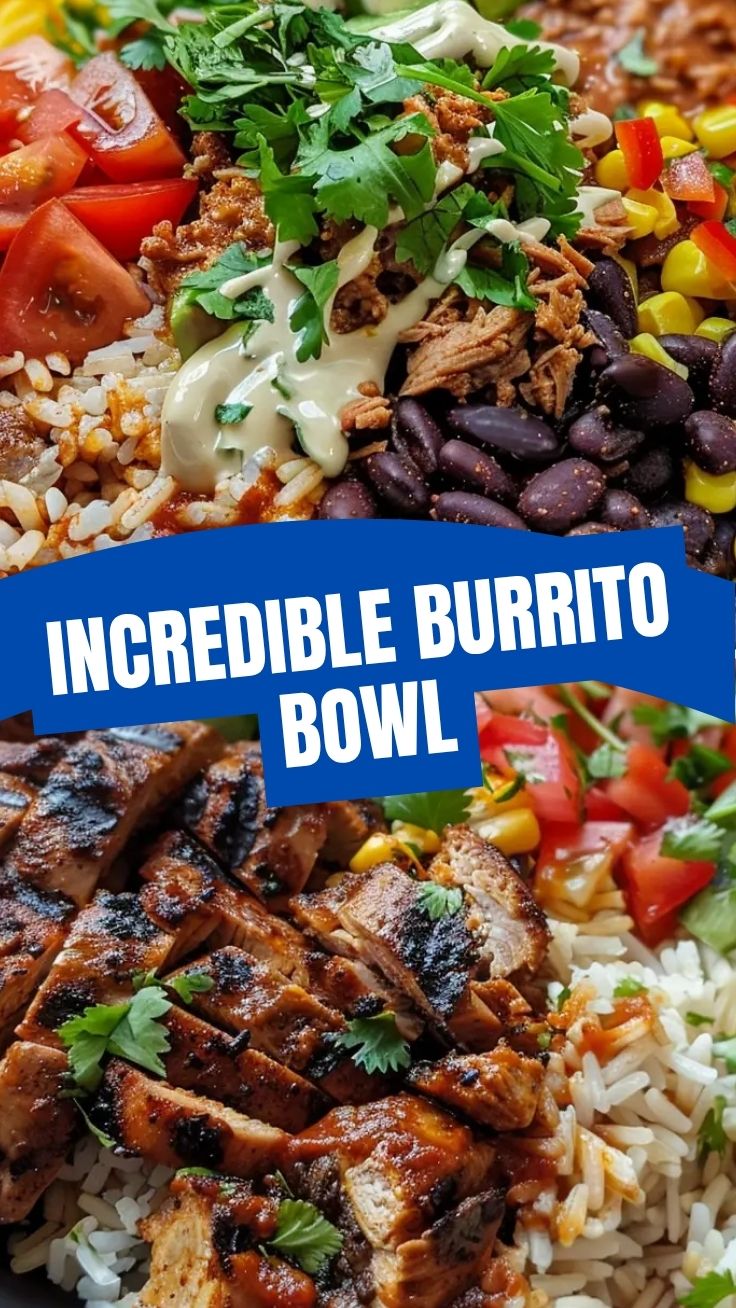 A colorful Chipotle style burrito bowl with rice, beans, chicken, and fresh toppings