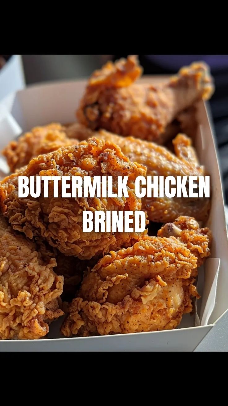 Golden-brown crispy buttermilk fried chicken pieces on a serving platter.