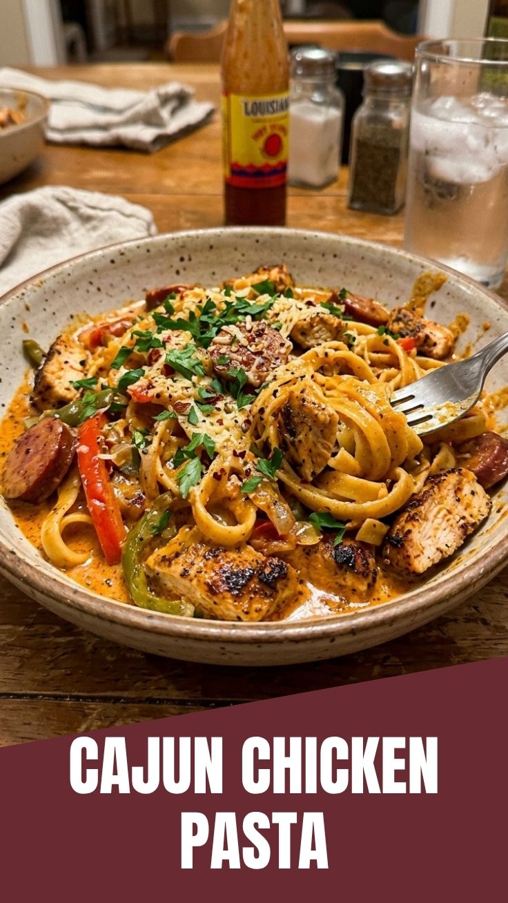 A close-up shot of a creamy Cajun chicken pasta dish, garnished with fresh herbs.