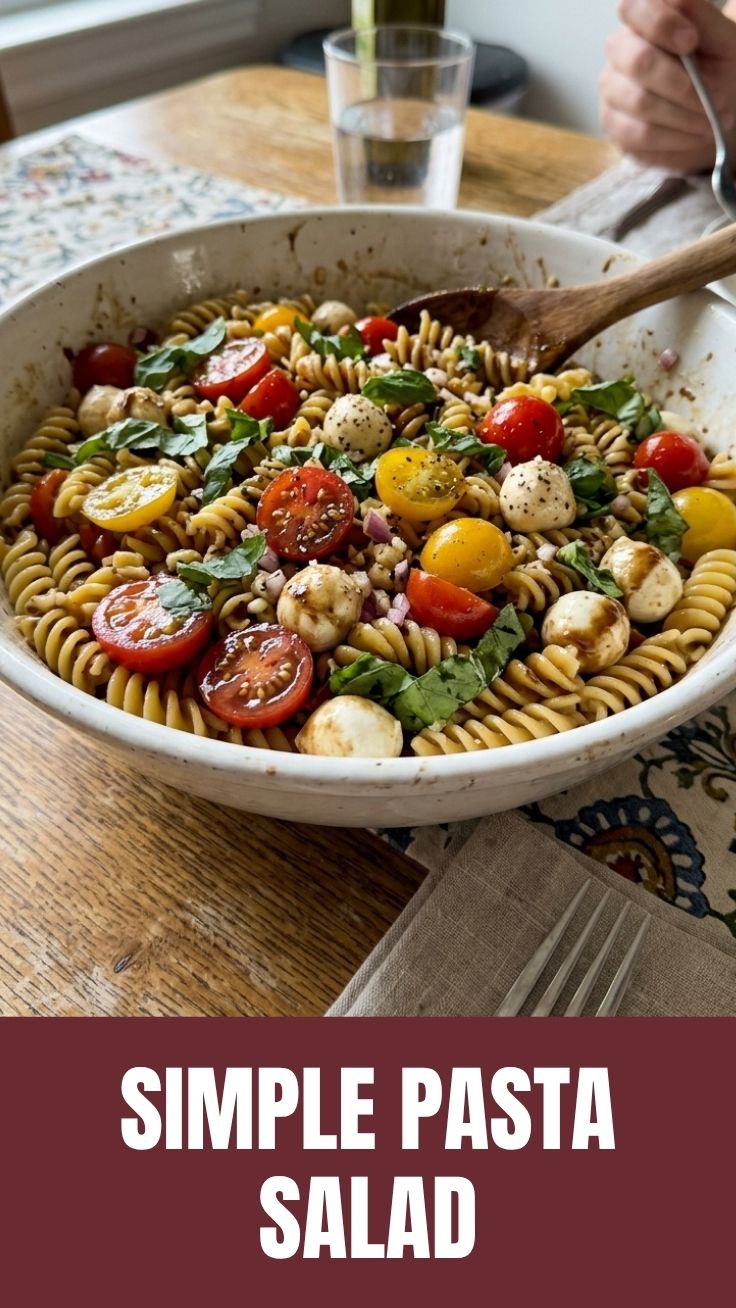 A vibrant Caprese pasta salad showcasing fresh mozzarella, cherry tomatoes, and basil