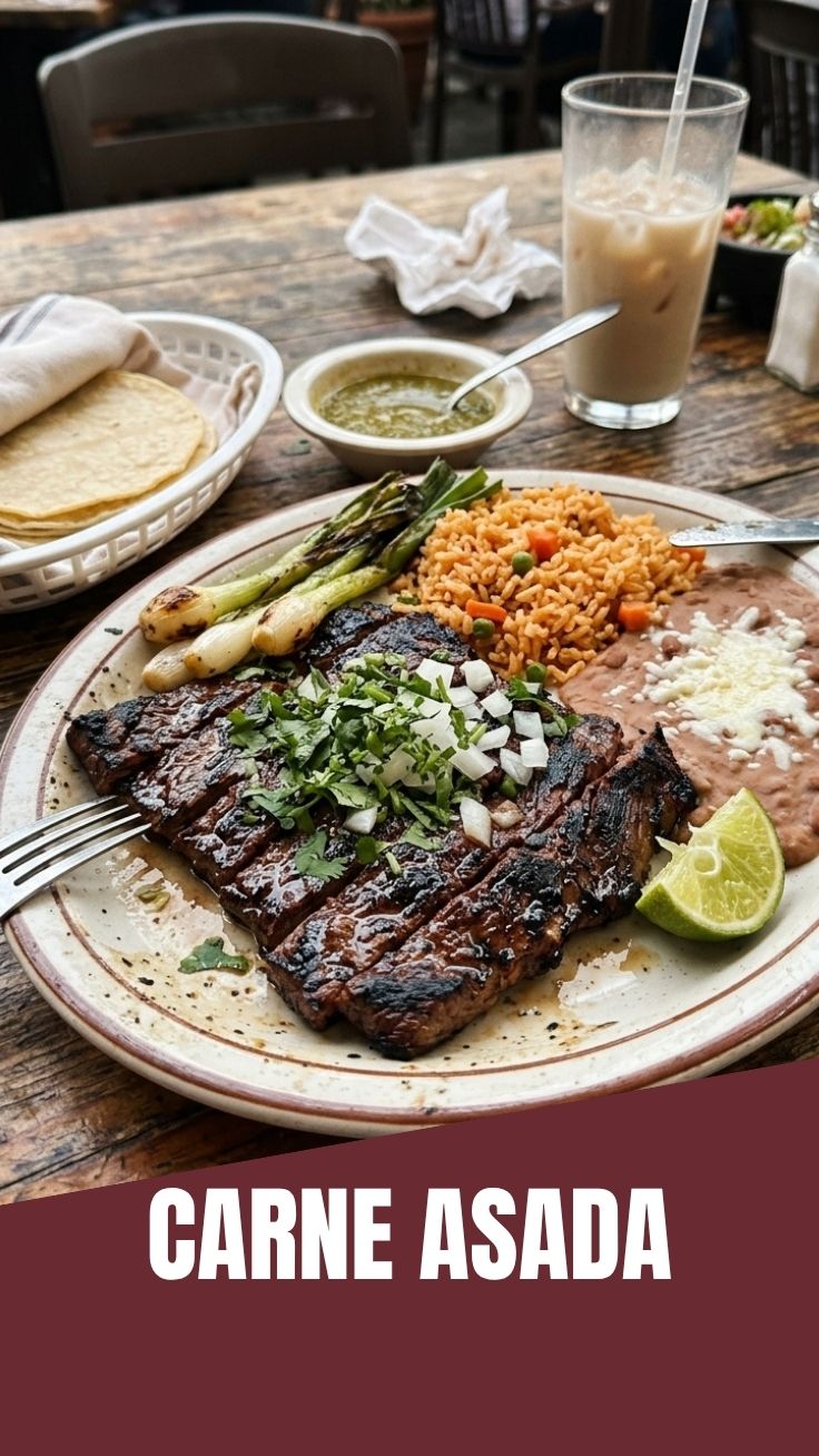 A platter of perfectly grilled carne asada with char marks
