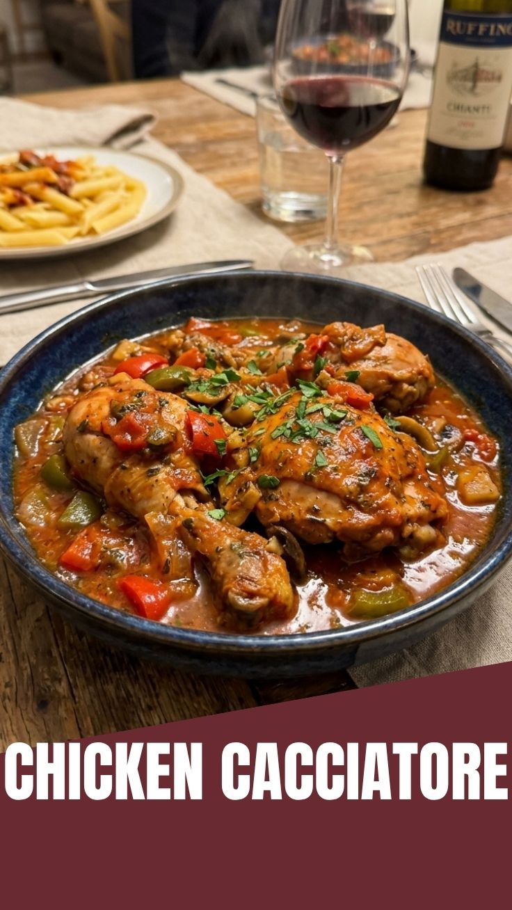 A serving of delicious chicken cacciatore with rich sauce