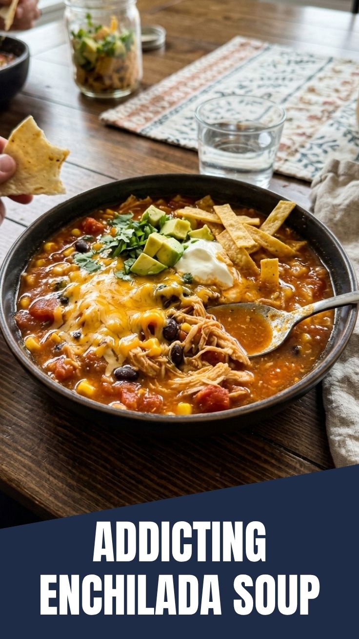 A bowl of chicken enchilada soup topped with fresh cilantro and cheese