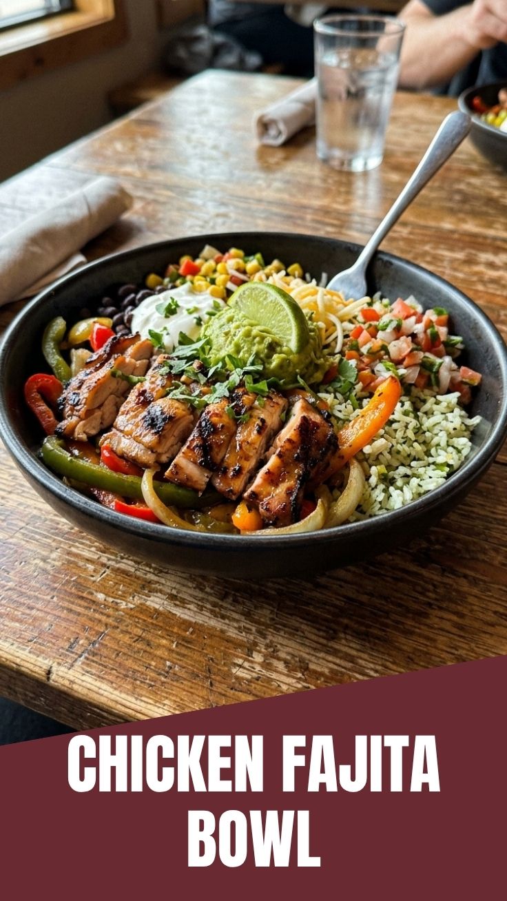 A vibrant chicken fajita bowl filled with grilled chicken, peppers, and onions.
