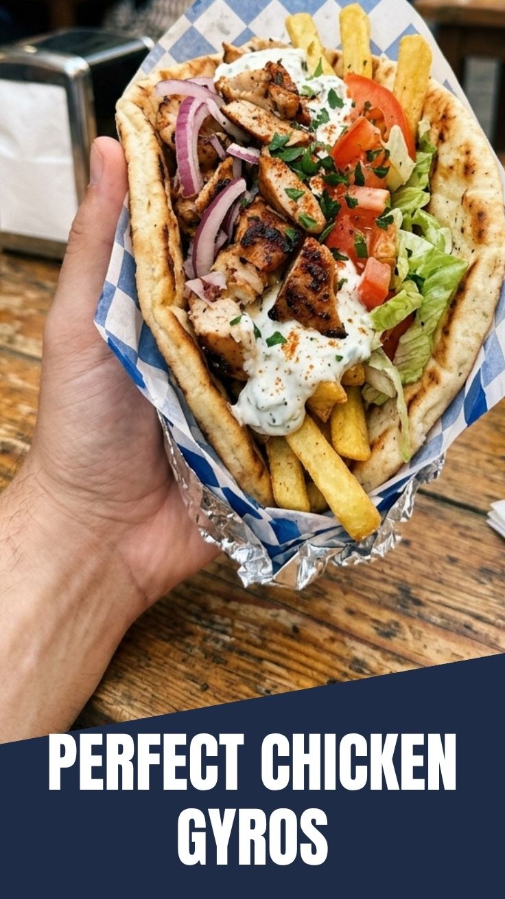 A close-up of a chicken gyros sandwich packed with fillings.