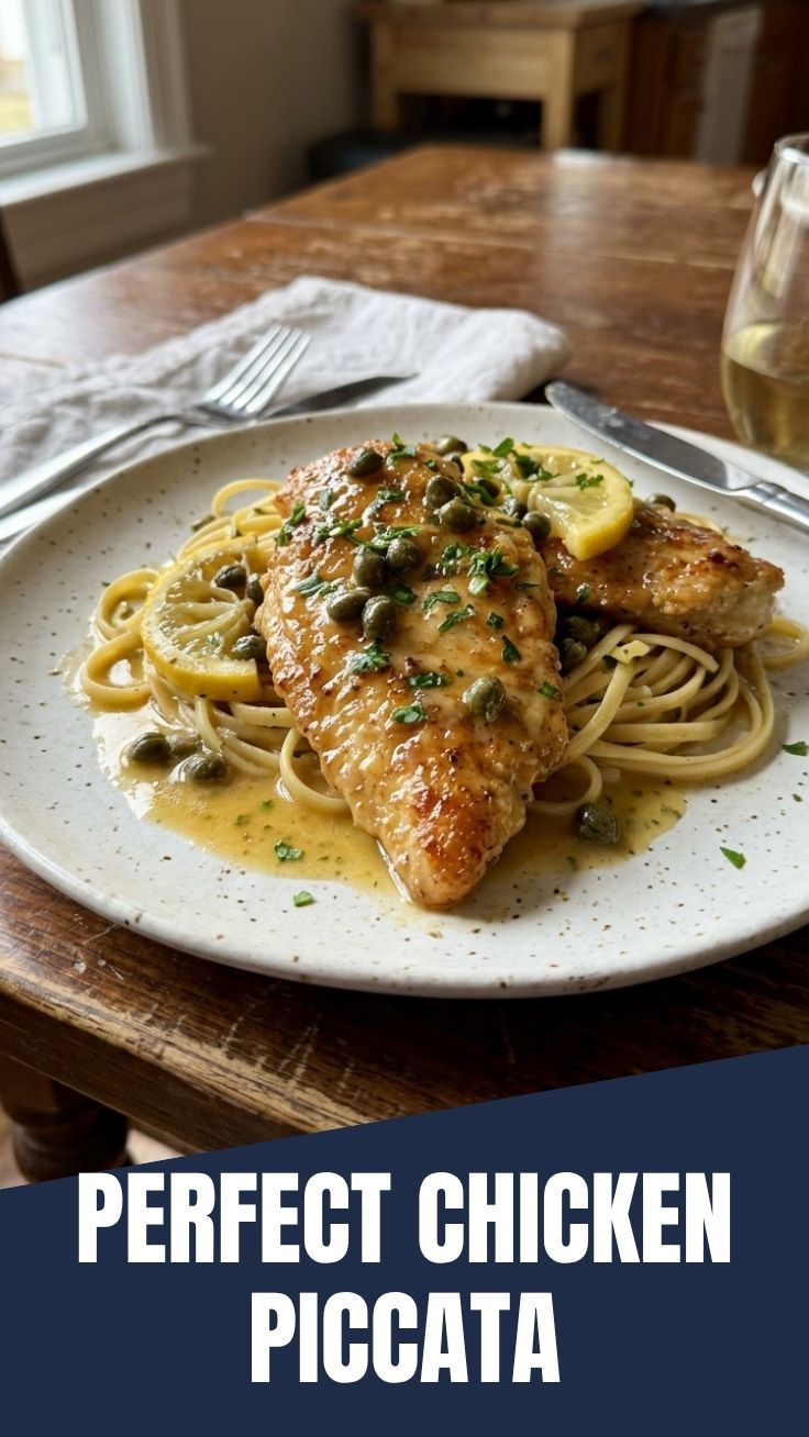 A plate of classic chicken piccata with capers and lemon