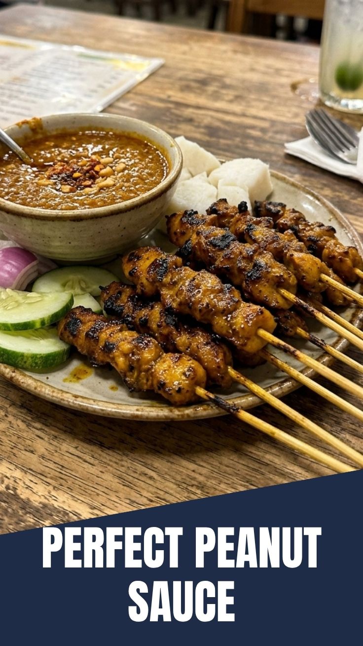 Grilled chicken satay skewers with a side of creamy peanut sauce
