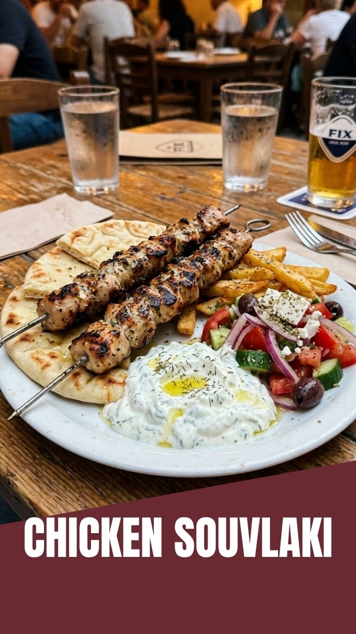 Grilled chicken souvlaki skewers, perfectly charred