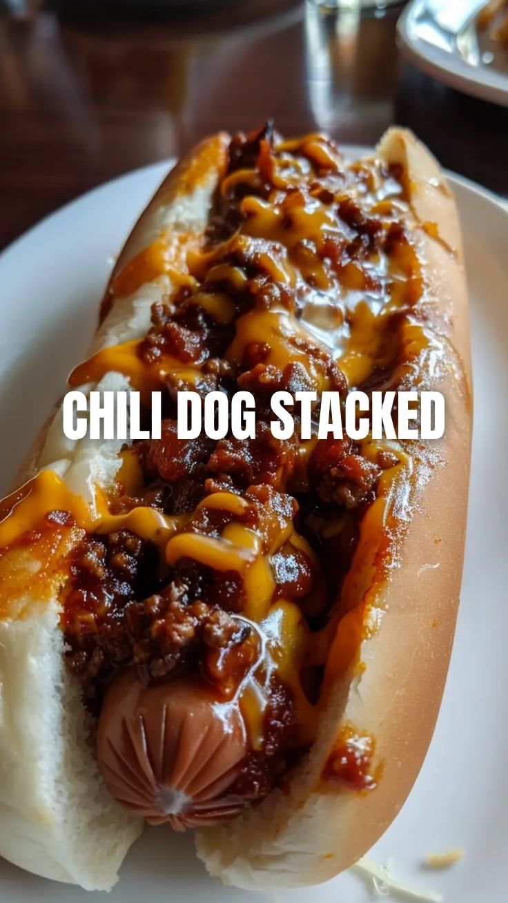 A loaded chili dog with a generous topping of chili and cheese.