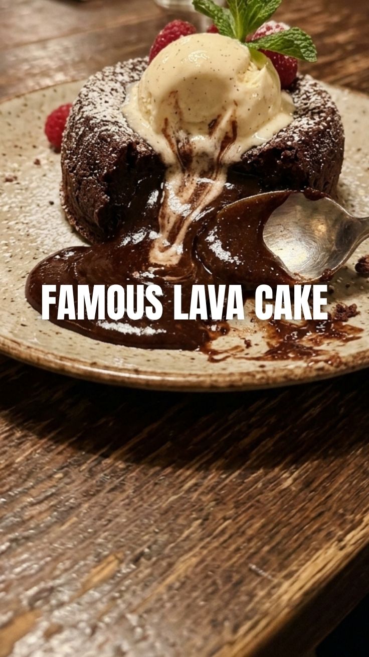 A rich chocolate lava cake with a molten center, served on a white plate.