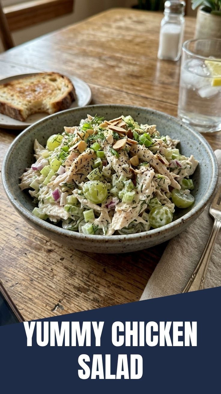 A bowl of classic chicken salad with celery and mayonnaise