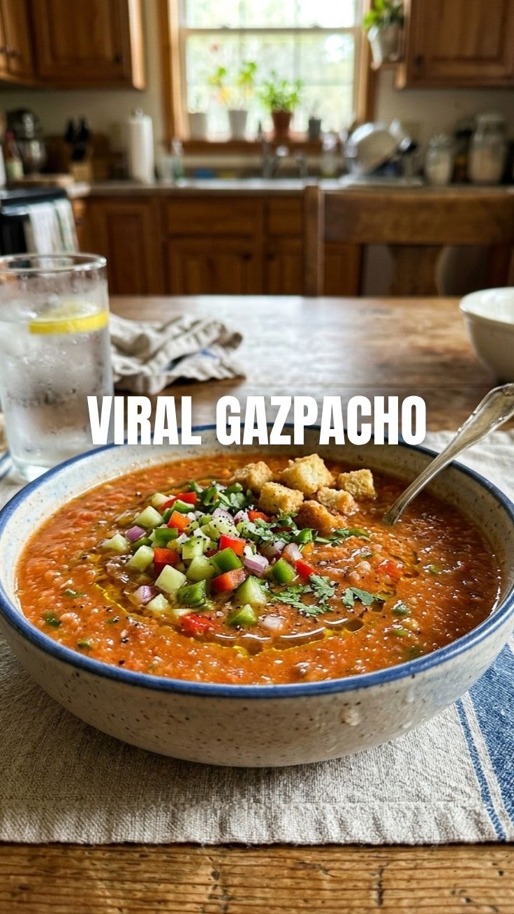 A bowl of classic gazpacho, perfectly chilled and garnished