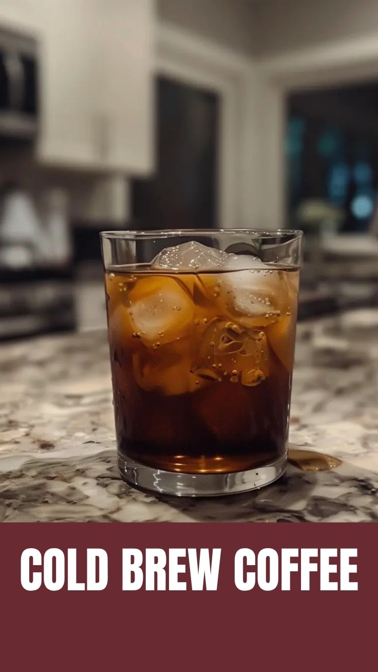 A glass of cold brew coffee with ice and a straw, on a wooden table.