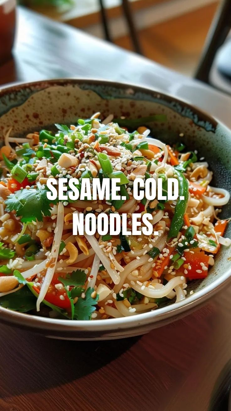 A refreshing bowl of Asian-style cold noodle salad with vegetables and dressing