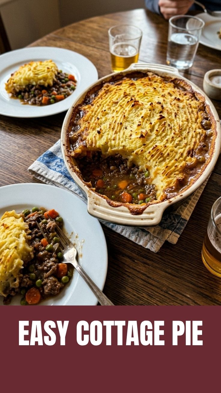 A steaming dish of traditional cottage pie with a golden mashed potato topping
