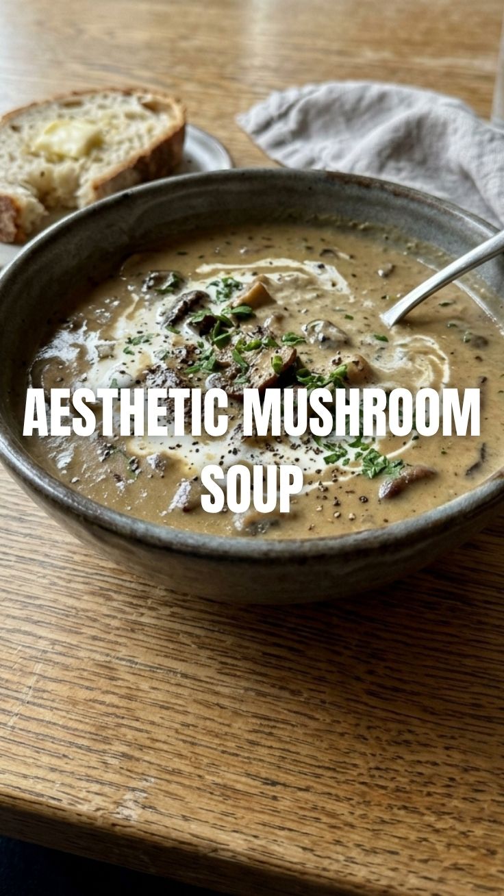 A bowl of rich creamy mushroom soup garnished with fresh herbs