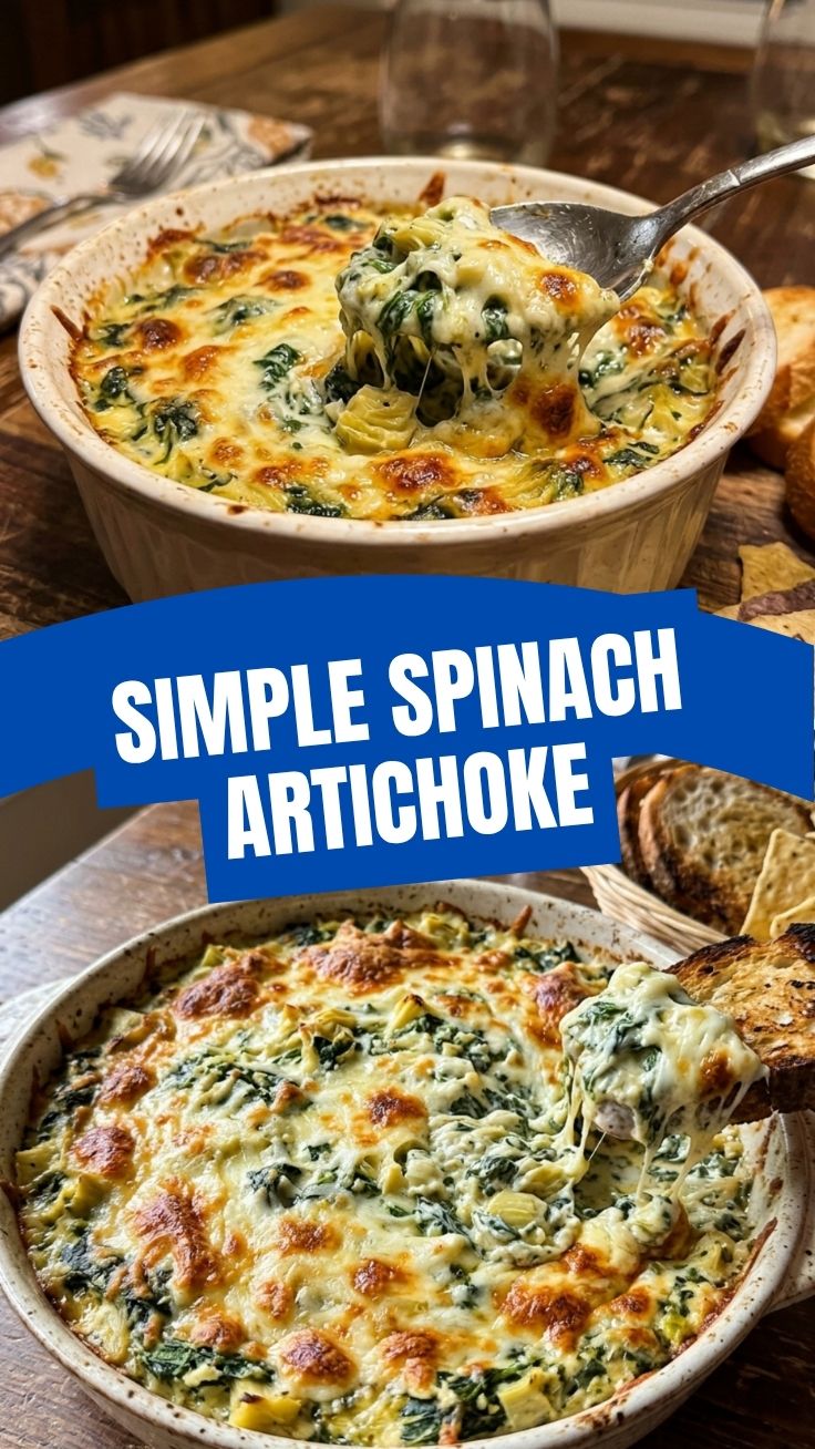 A hot and bubbly spinach artichoke dip, freshly baked and ready to eat