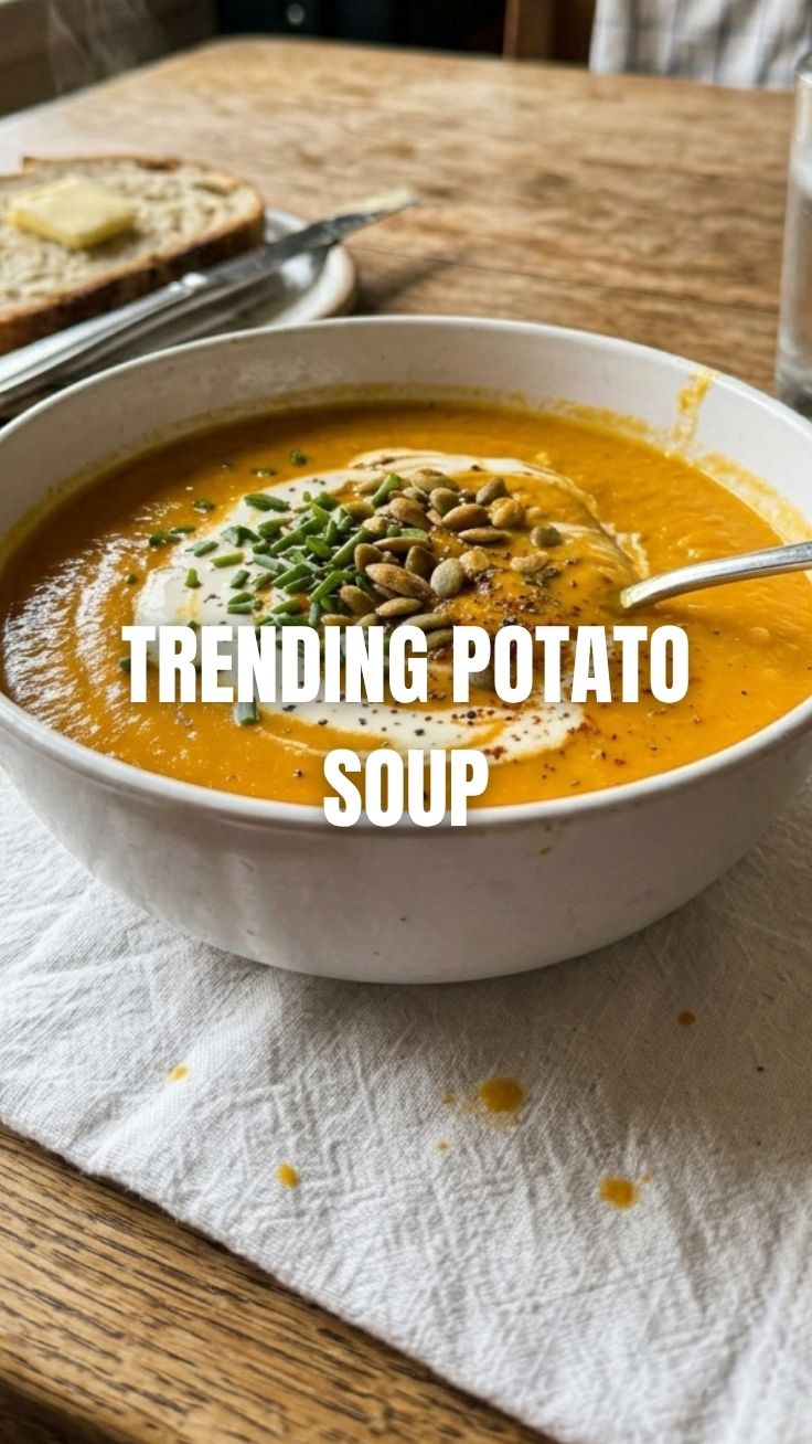 A bowl of creamy sweet potato soup garnished with fresh herbs