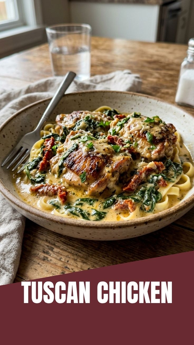 A serving of creamy Tuscan chicken with sun-dried tomatoes and spinach in a bowl.