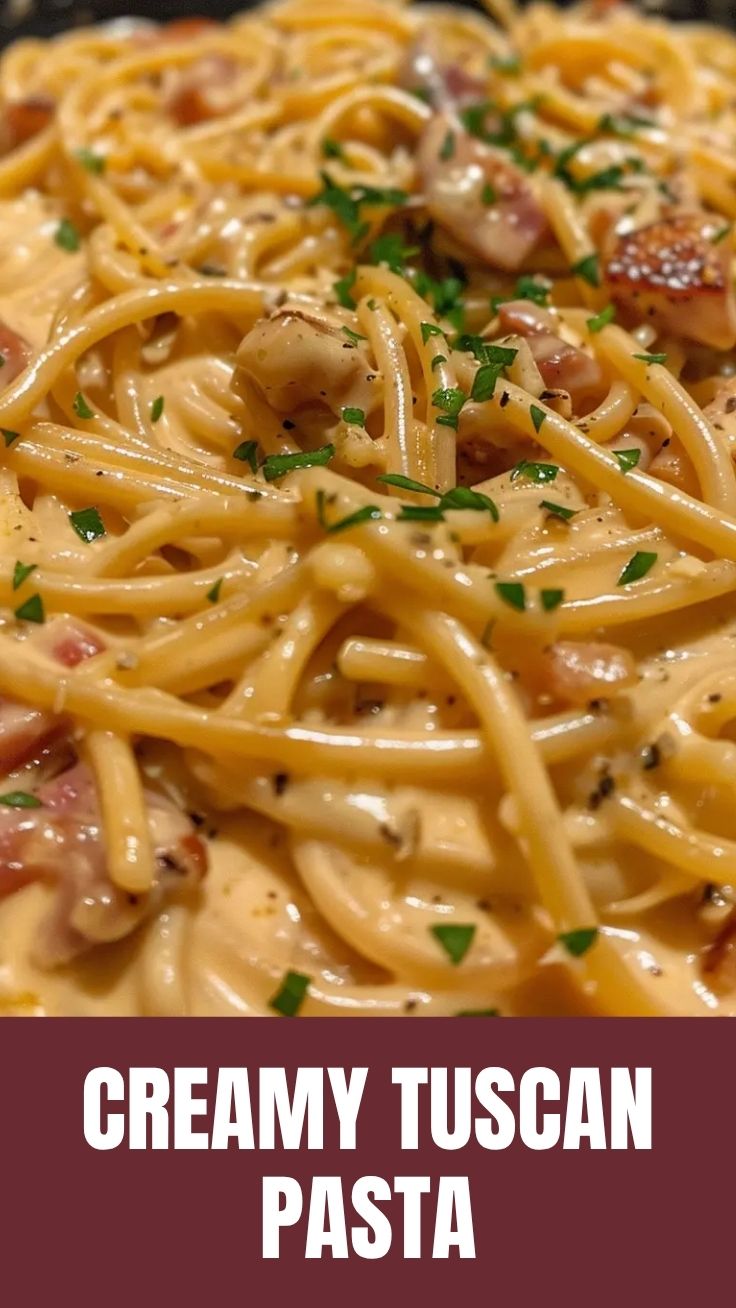 A full bowl of rich creamy Tuscan pasta garnished with fresh basil