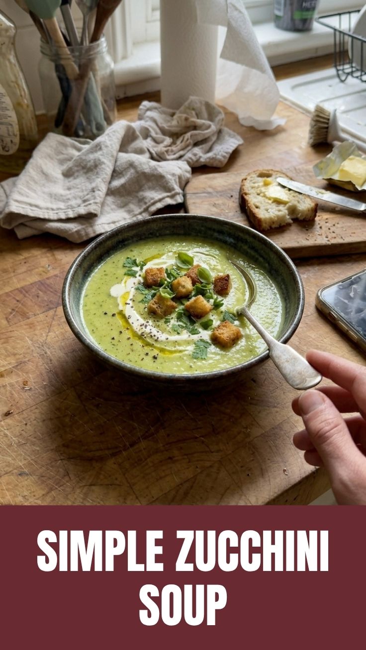 A bowl of creamy zucchini soup, garnished with fresh herbs.