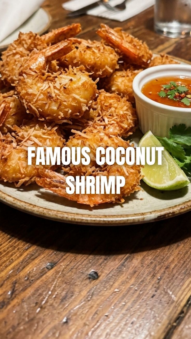 A serving of golden, crispy coconut shrimp with a dipping sauce.