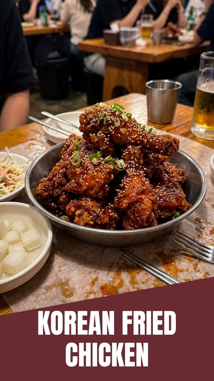 Crispy Korean fried chicken, glazed and garnished, ready to serve
