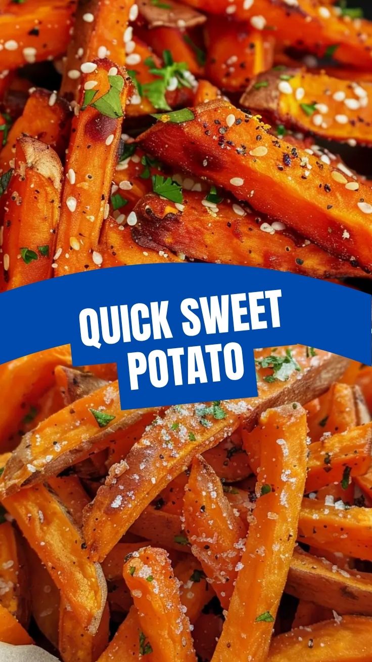 A close-up shot of crispy, golden-brown sweet potato fries piled high.