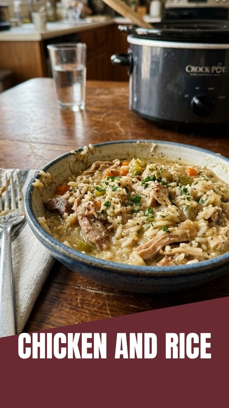 A hearty serving of crockpot chicken and rice in a bowl.