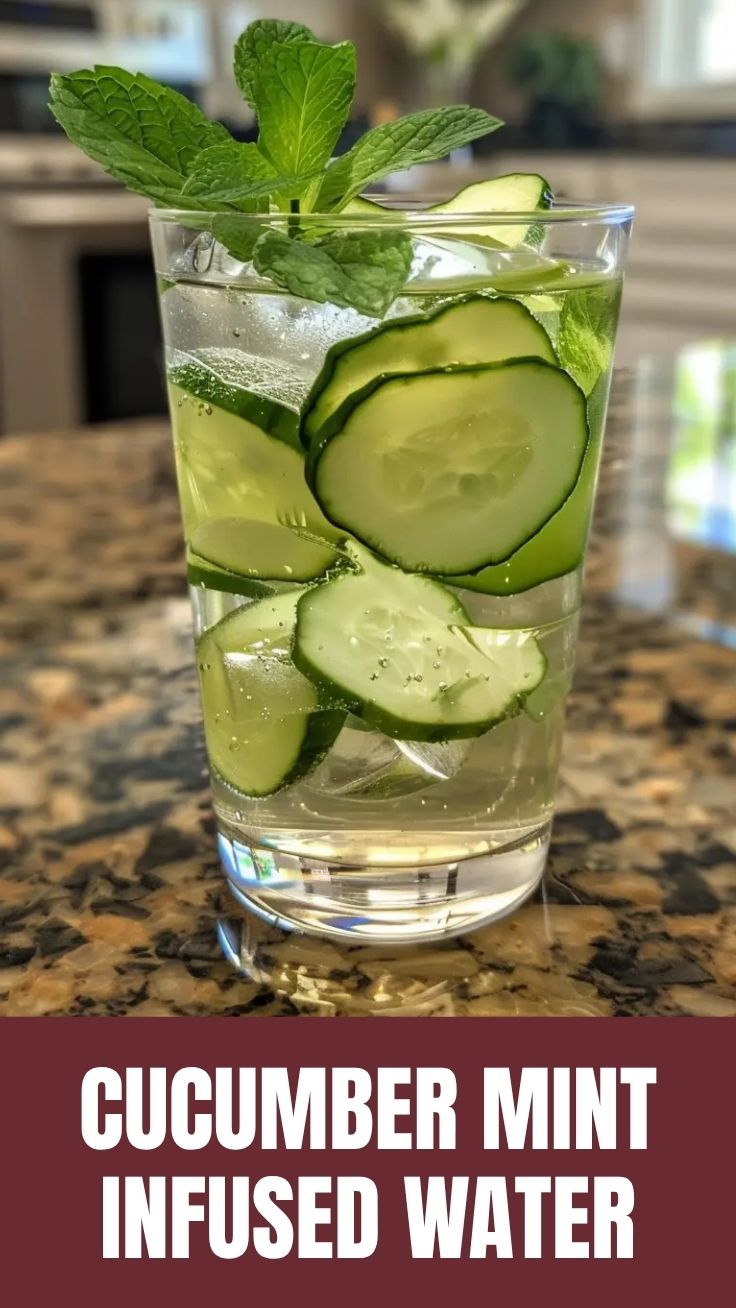A clear glass pitcher of cucumber mint infused water with ice and garnishes.
