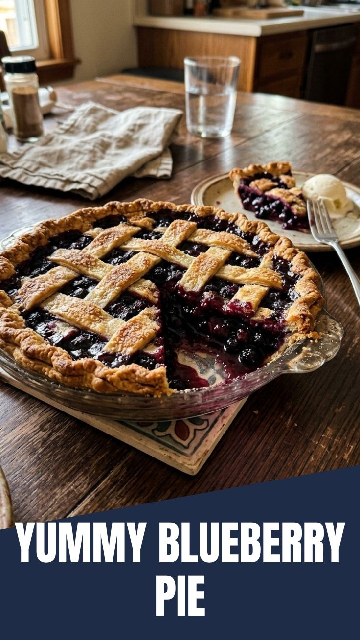 A freshly baked blueberry pie with a lattice crust.