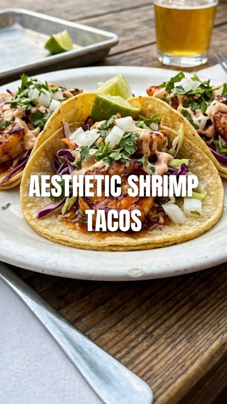 Three fresh shrimp tacos with red cabbage and lime wedges on a white plate.