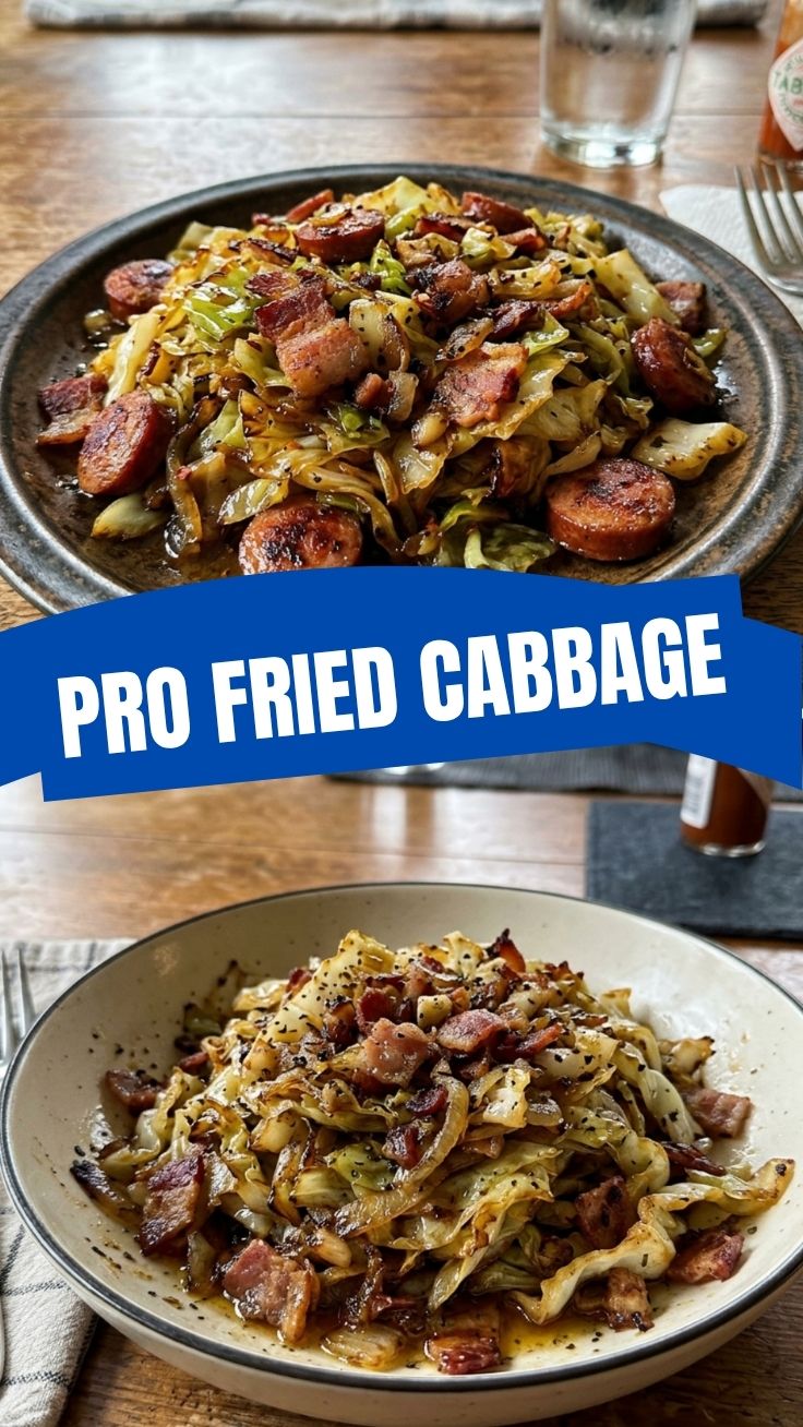 Close-up of easy fried cabbage in a skillet, ready to serve.
