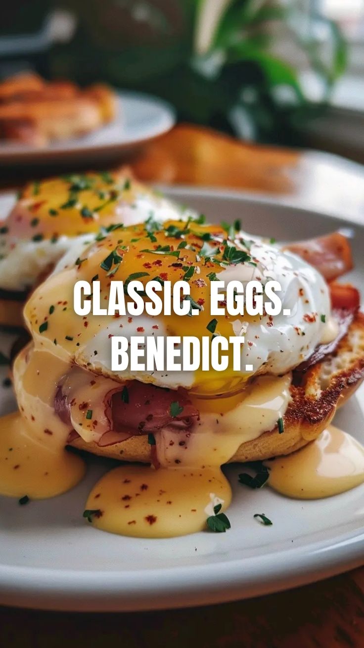 A perfectly plated Eggs Benedict with runny yolk and hollandaise sauce.