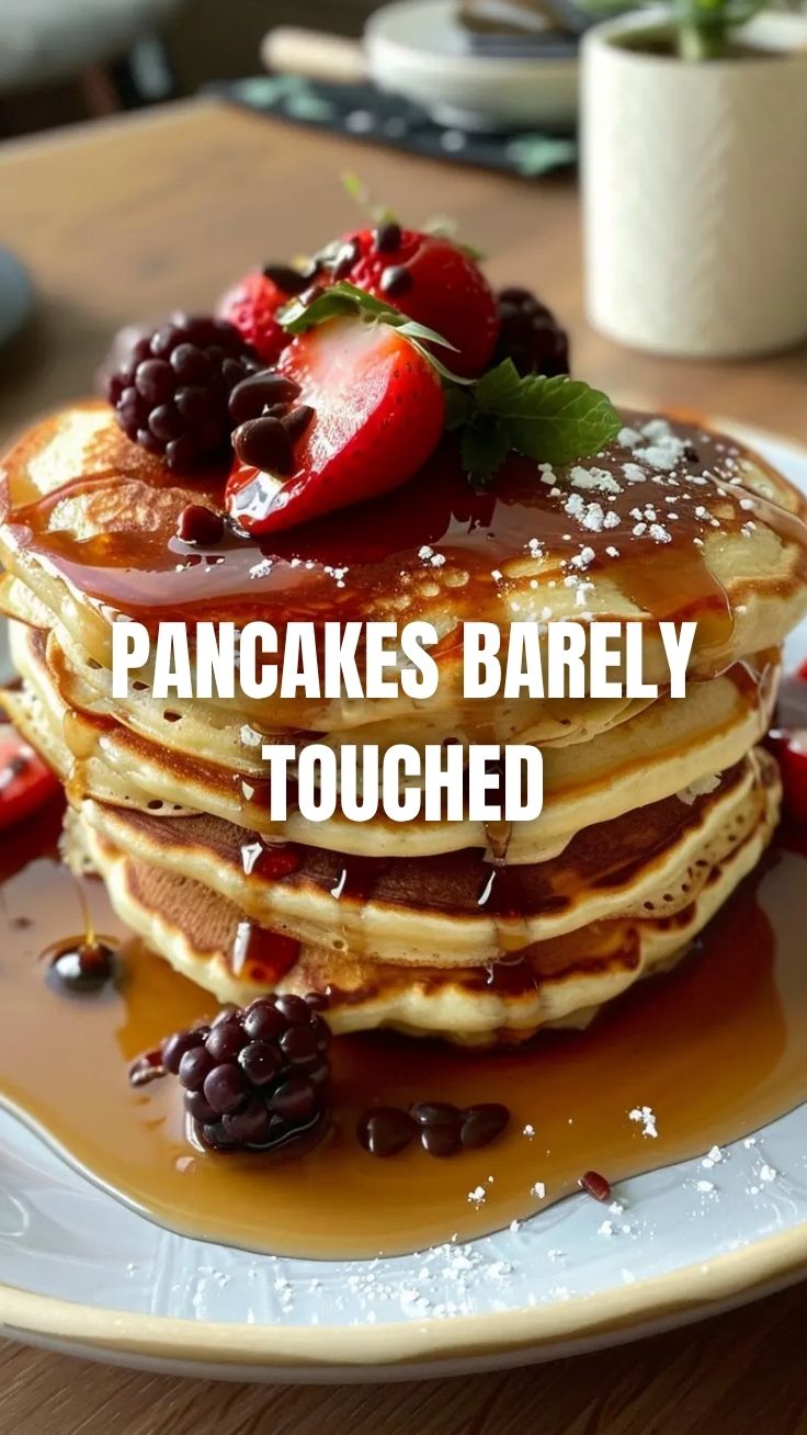 A stack of perfectly golden fluffy pancakes with syrup
