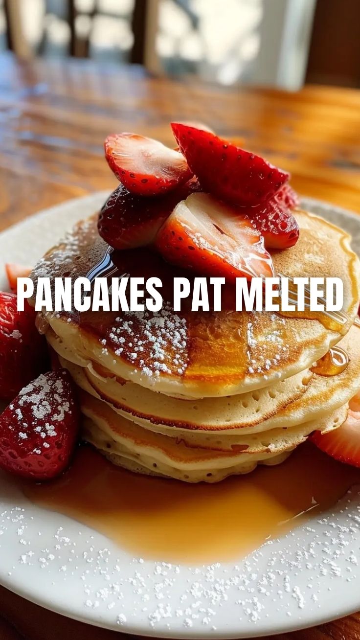 A stack of fluffy golden pancakes drizzled with syrup