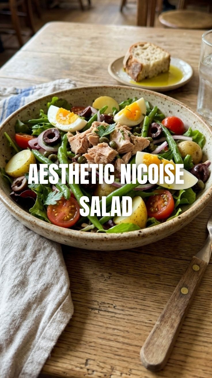 A fresh Nicoise salad with tuna, eggs, green beans, and olives