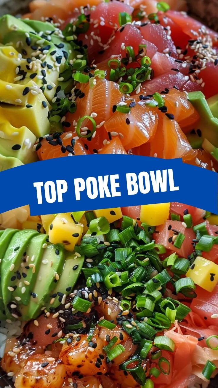 A vibrant poke bowl with fresh salmon, avocado, and rice.